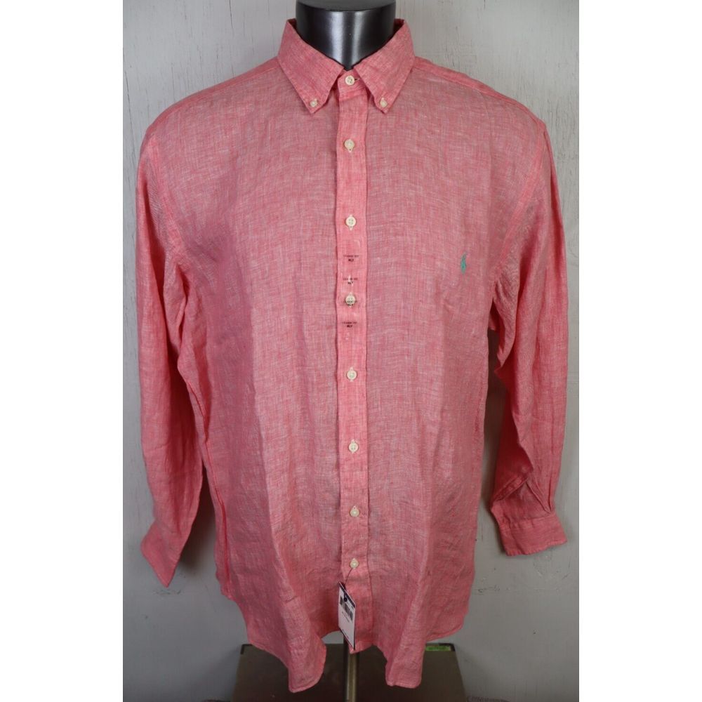 Polo Ralph Lauren Classic Button Front Dress Shirt Size XLT Linen New Pink Green